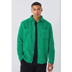 BoohooMAN Borg Patch Men's Pocket Utility Shirt Jacket Green Sherpa Button Up- S